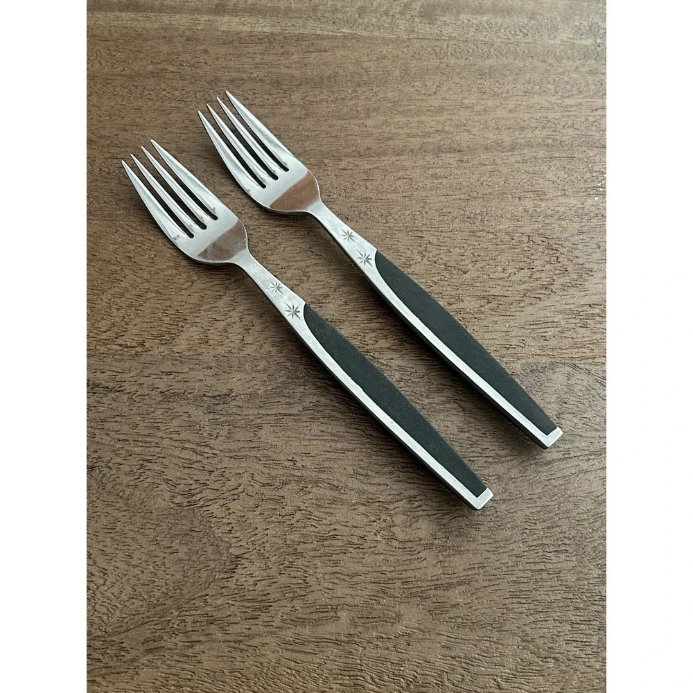 Vintage Mar-Crest Ebony 2 Dinner Forks MCFMCF3 Stainless Atomic Starburst Japan